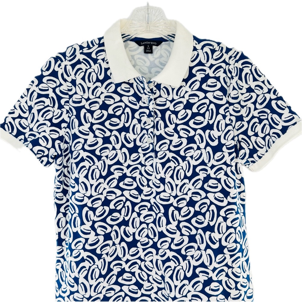 Lands' End Fedora Print Blue & White Pique Knit Polo Shirt Size Small (6-8) - Picture 12 of 17